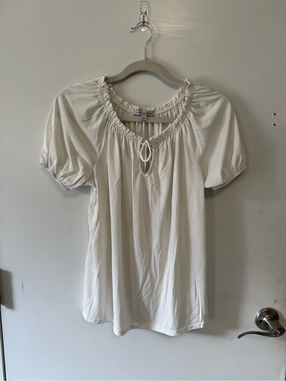 Green Envelope White Peasant Tie-Neck Blouse Size L